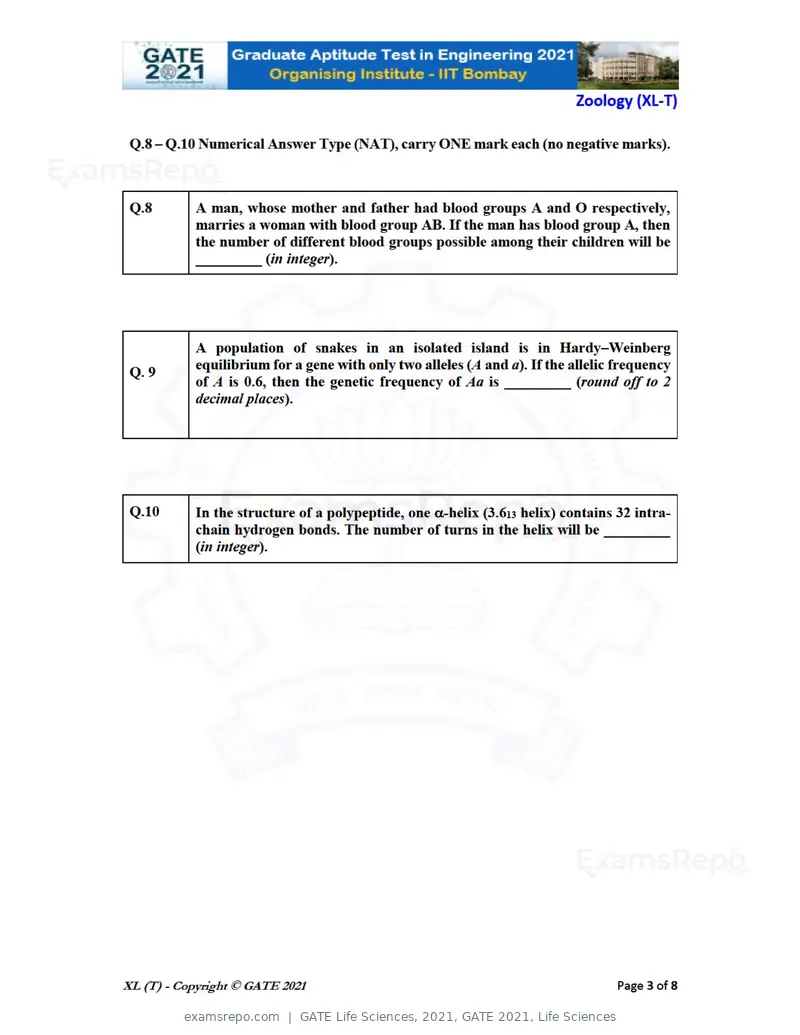 GATE Life Sciences 2021 question paper, GATE 2021, Life Sciences, page 52 of 67