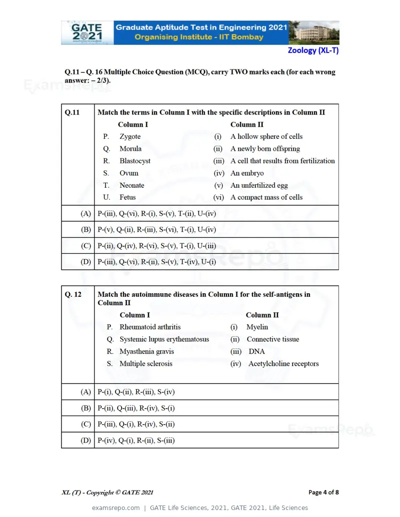 GATE Life Sciences 2021 question paper, GATE 2021, Life Sciences, page 53 of 67