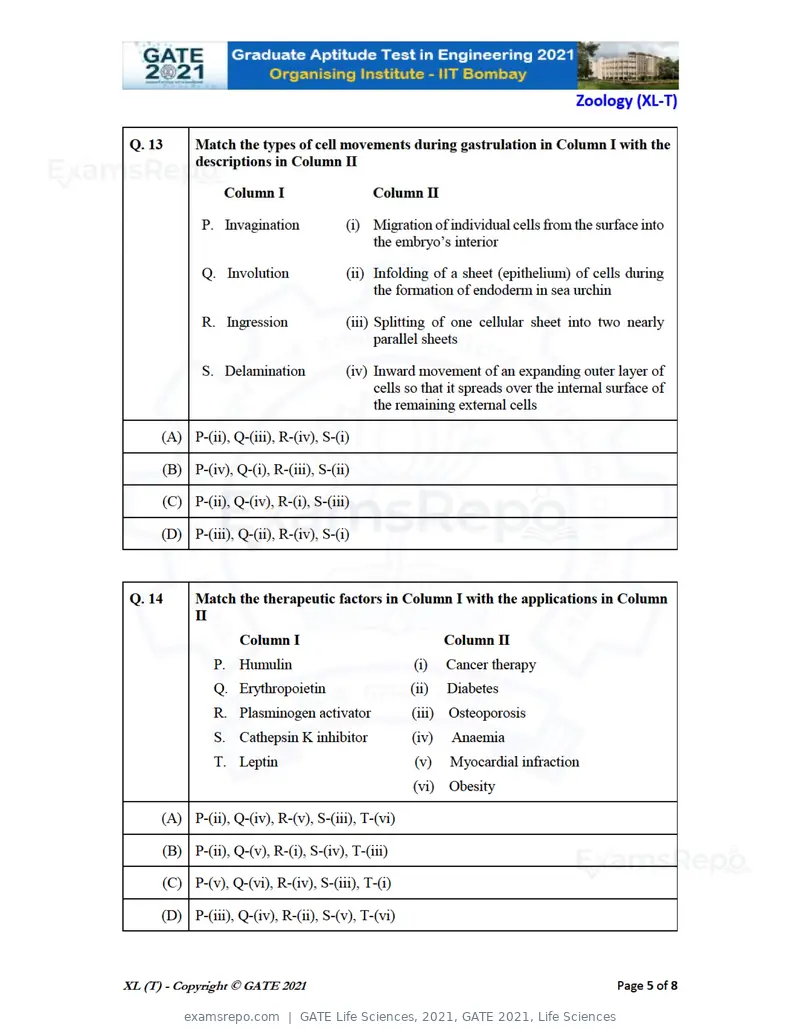 GATE Life Sciences 2021 question paper, GATE 2021, Life Sciences, page 54 of 67