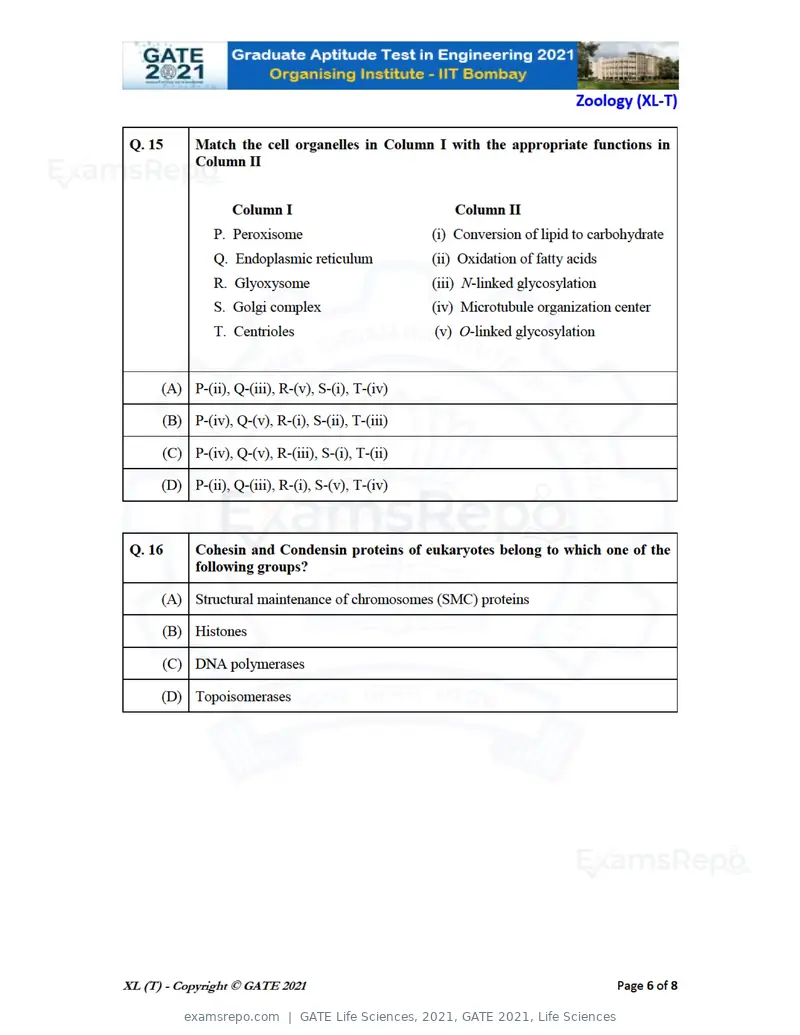 GATE Life Sciences 2021 question paper, GATE 2021, Life Sciences, page 55 of 67