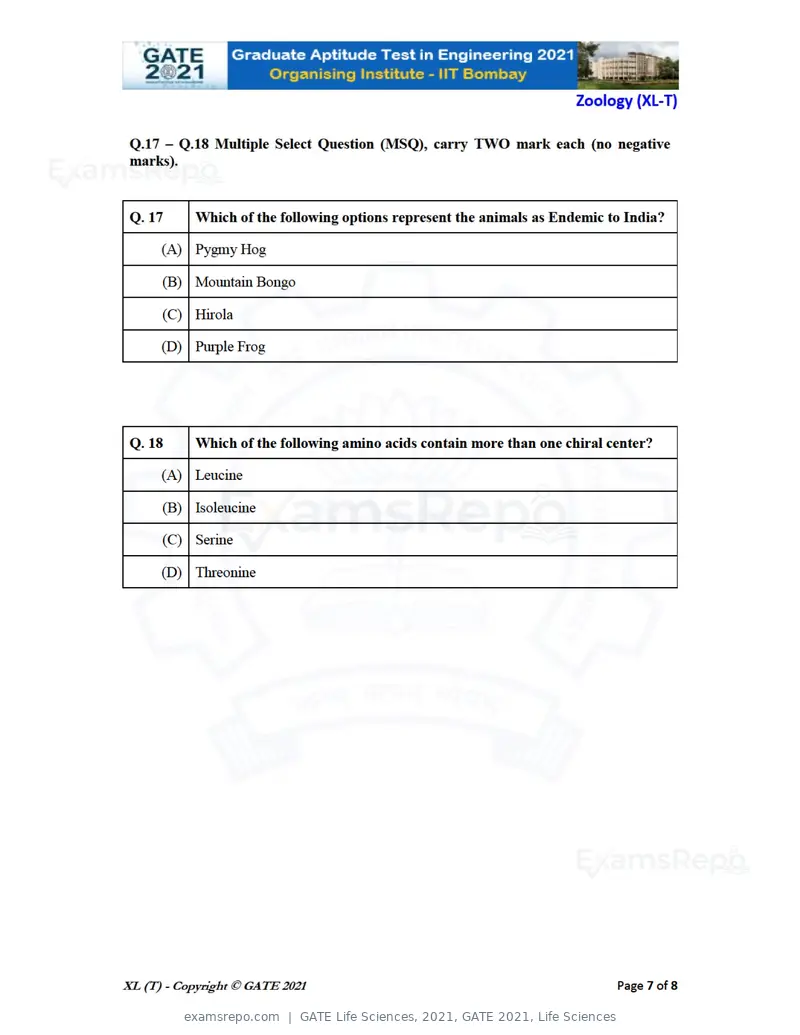 GATE Life Sciences 2021 question paper, GATE 2021, Life Sciences, page 56 of 67