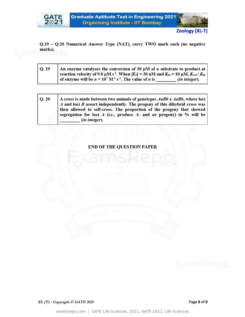 GATE Life Sciences 2021 question paper, GATE 2021, Life Sciences, page 57 of 67