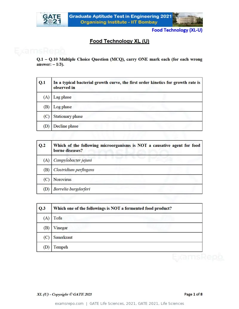 GATE Life Sciences 2021 question paper, GATE 2021, Life Sciences, page 59 of 67