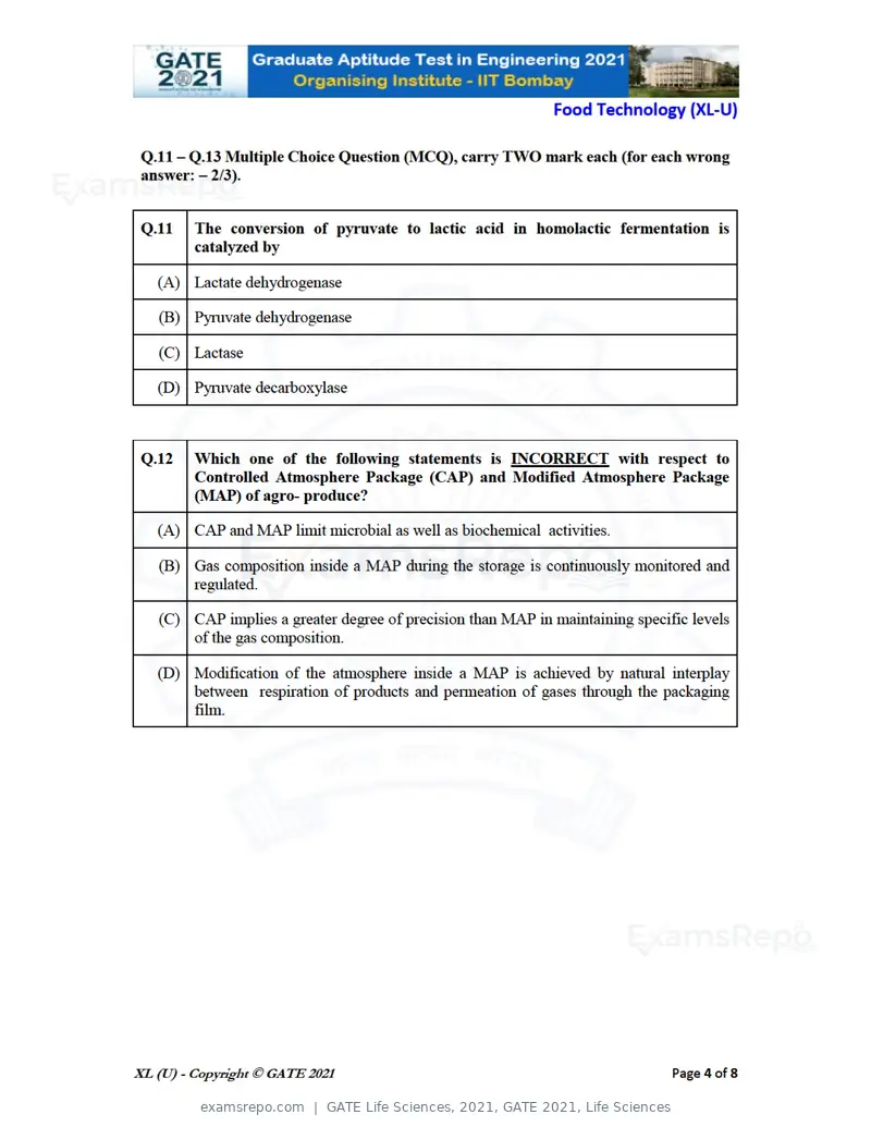 GATE Life Sciences 2021 question paper, GATE 2021, Life Sciences, page 62 of 67