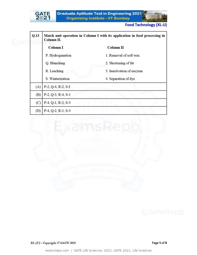 GATE Life Sciences 2021 question paper, GATE 2021, Life Sciences, page 63 of 67