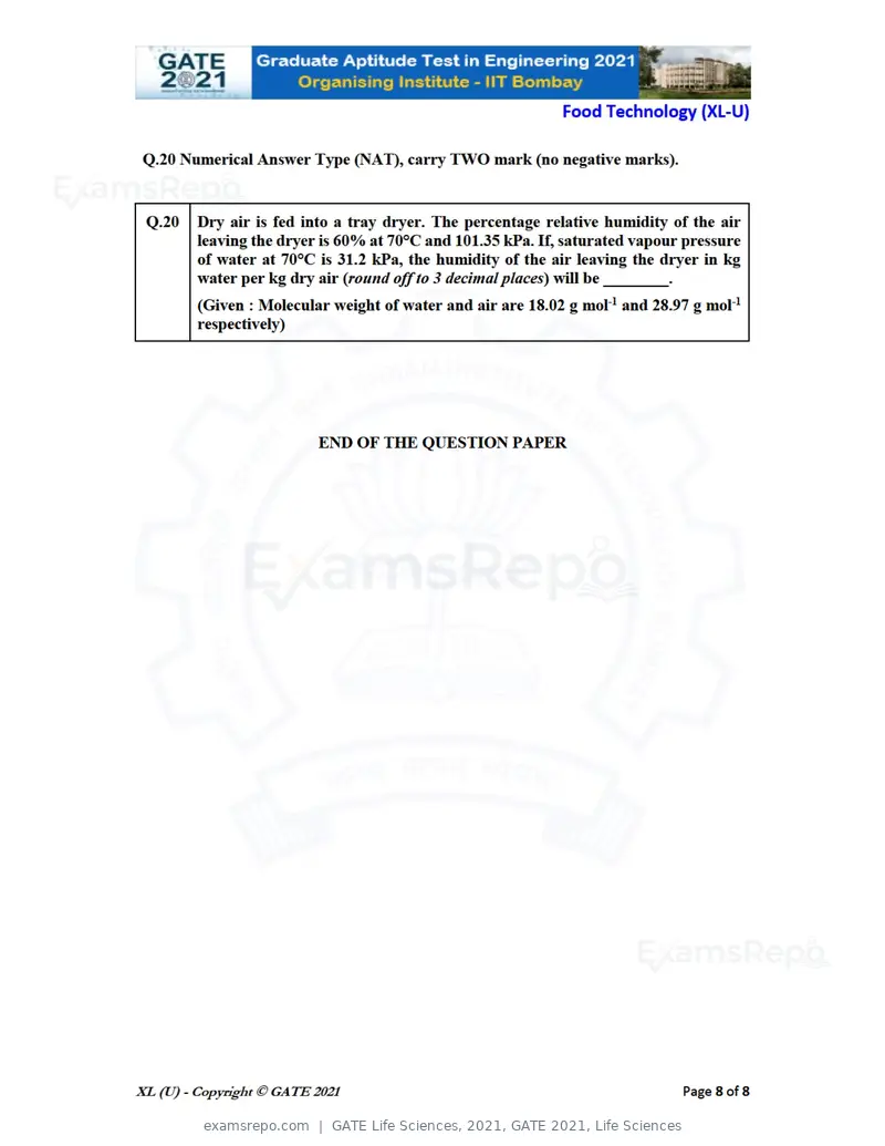 GATE Life Sciences 2021 question paper, GATE 2021, Life Sciences, page 66 of 67