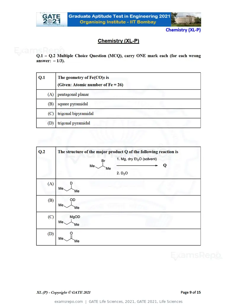 GATE Life Sciences 2021 question paper, GATE 2021, Life Sciences, page 9 of 67