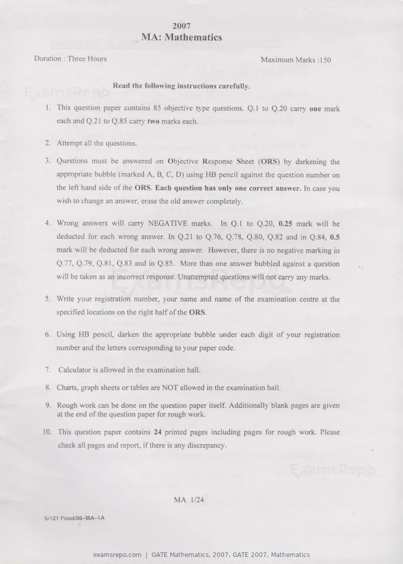 GATE Mathematics 2007 question paper, GATE 2007, Mathematics, page 1 of 20