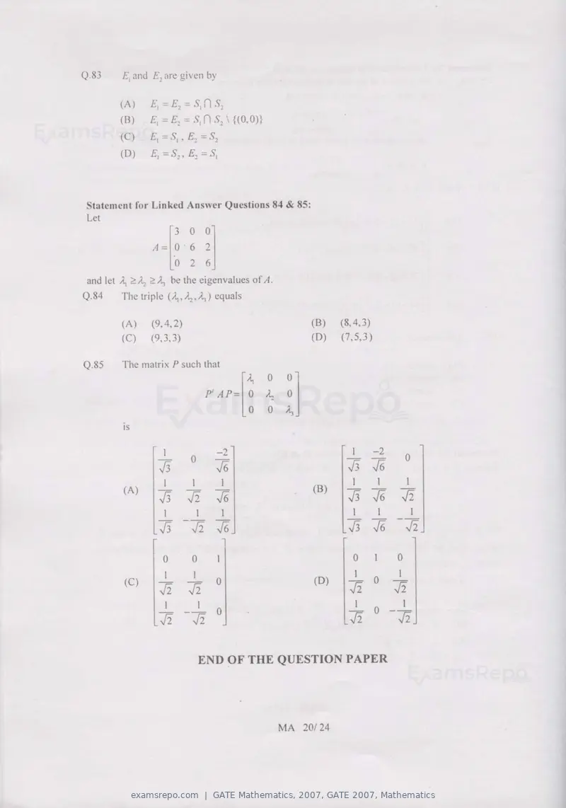GATE Mathematics 2007 question paper, GATE 2007, Mathematics, page 20 of 20