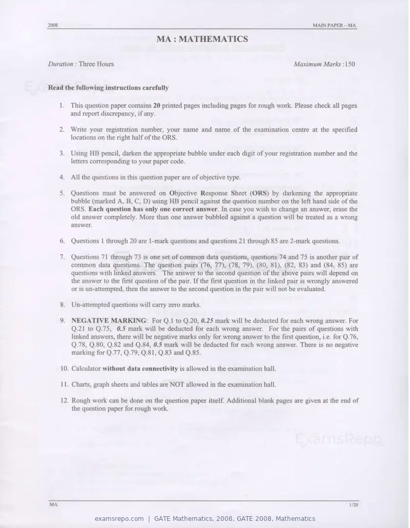 GATE Mathematics 2008 question paper, GATE 2008, Mathematics, page 1 of 16