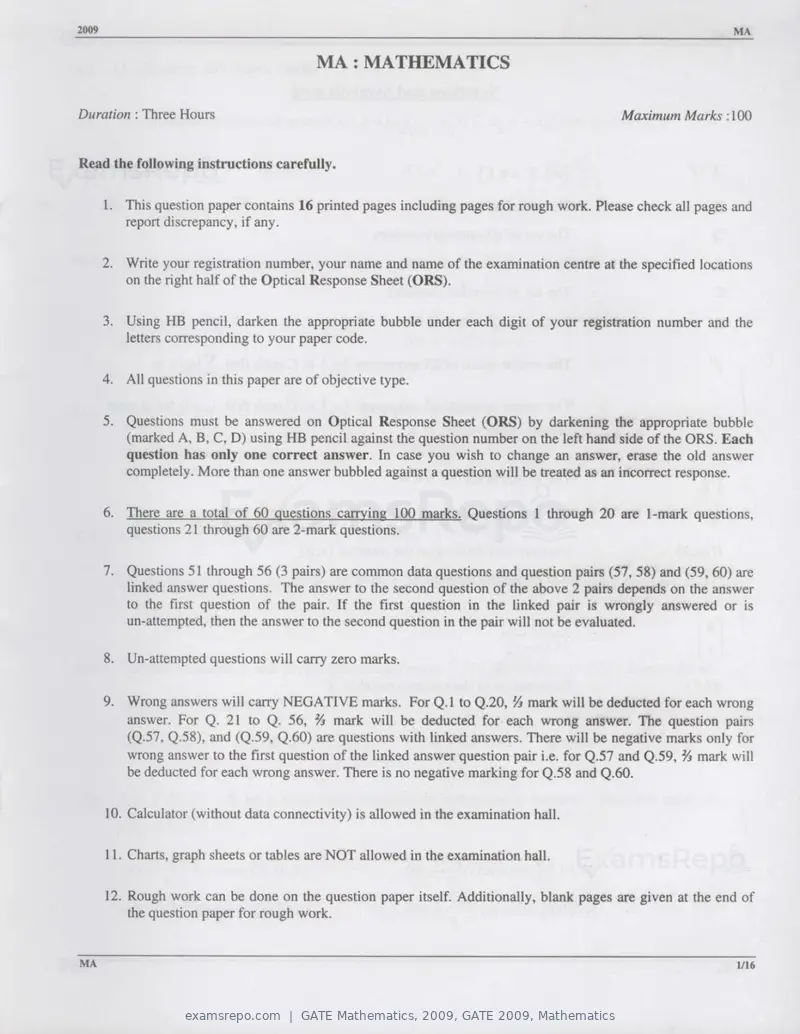 GATE Mathematics 2009 question paper, GATE 2009, Mathematics, page 1 of 13