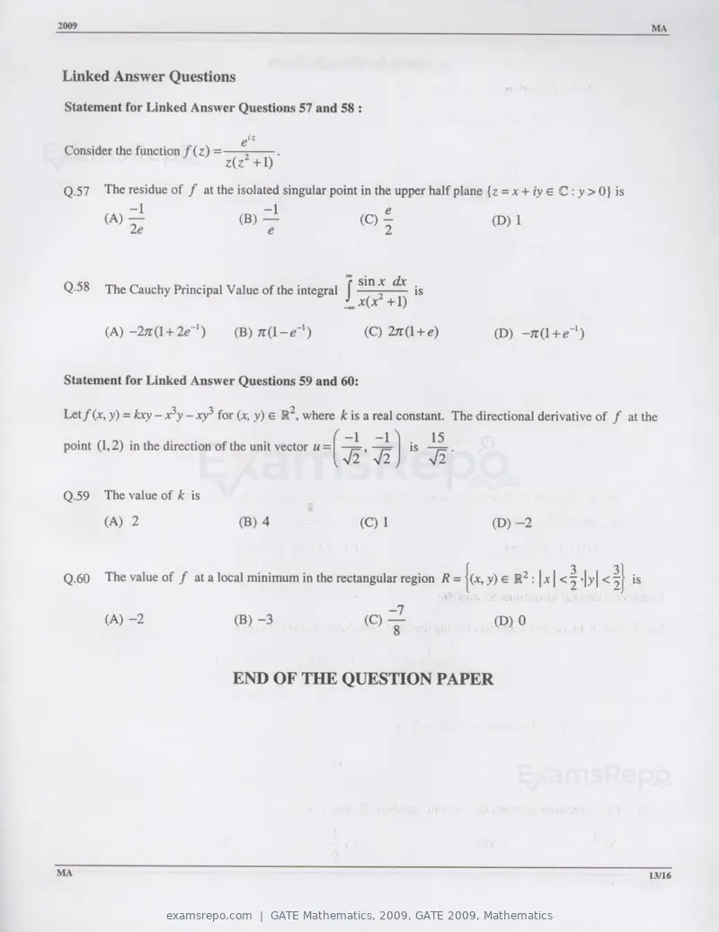 GATE Mathematics 2009 question paper, GATE 2009, Mathematics, page 13 of 13
