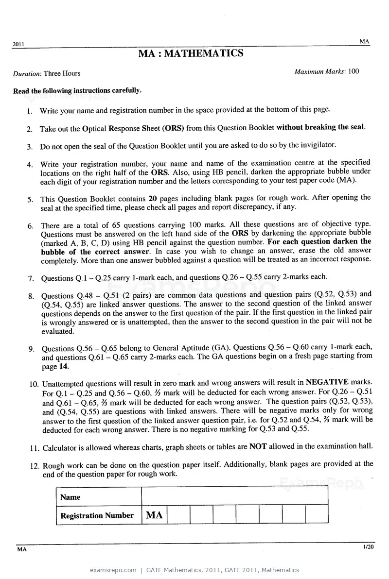 GATE Mathematics 2011 question paper, GATE 2011, Mathematics, page 1 of 15