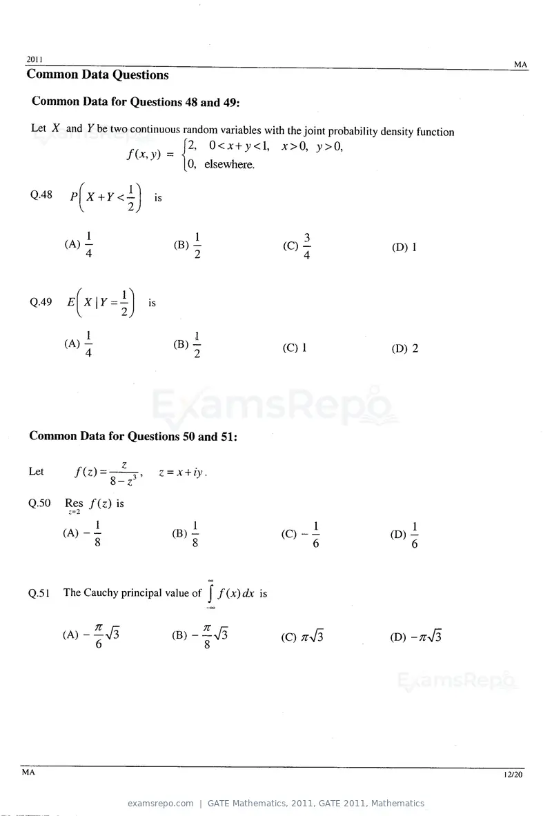 GATE Mathematics 2011 question paper, GATE 2011, Mathematics, page 12 of 15