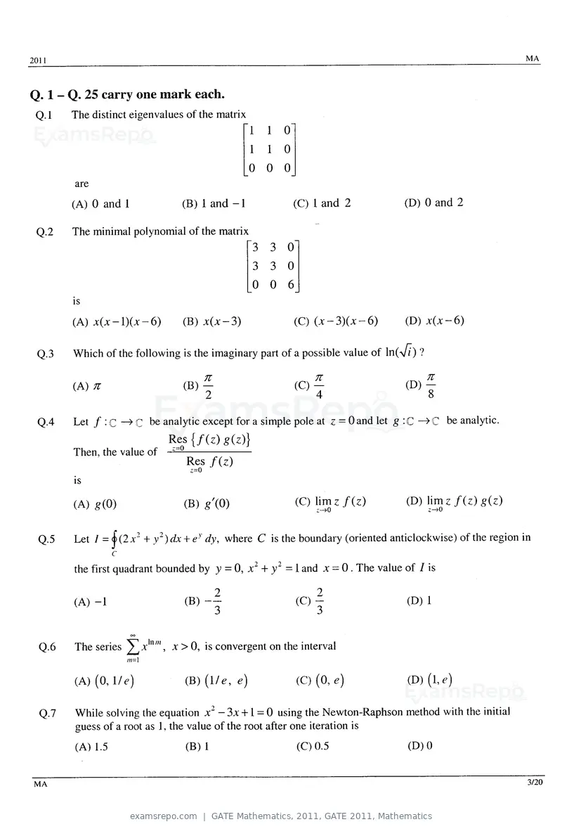 GATE Mathematics 2011 question paper, GATE 2011, Mathematics, page 3 of 15