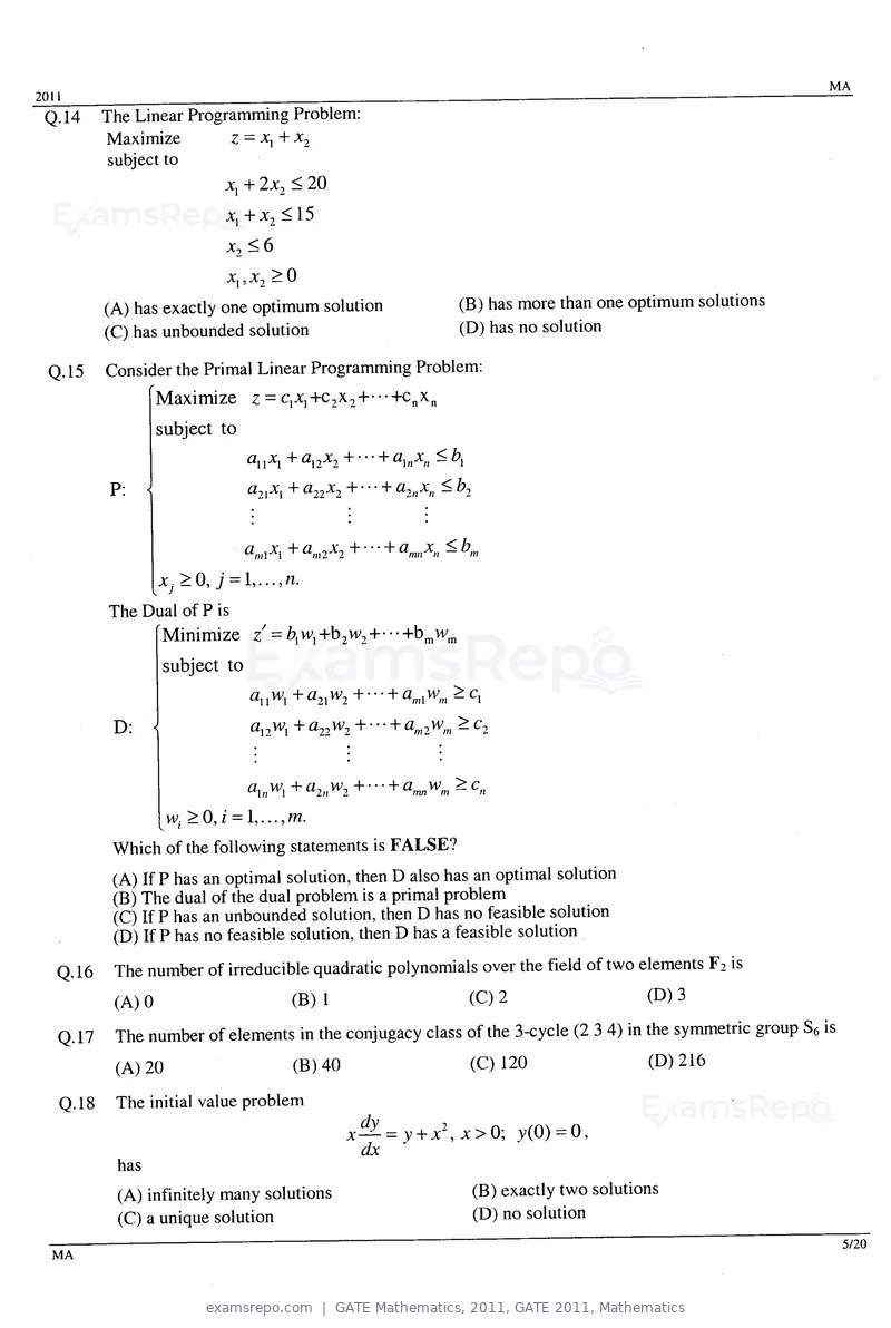 GATE Mathematics 2011 question paper, GATE 2011, Mathematics, page 5 of 15