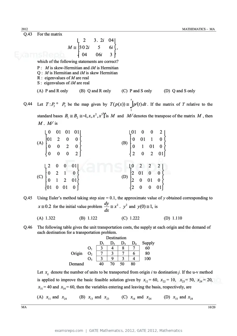 GATE Mathematics 2012 question paper, GATE 2012, Mathematics, page 10 of 15