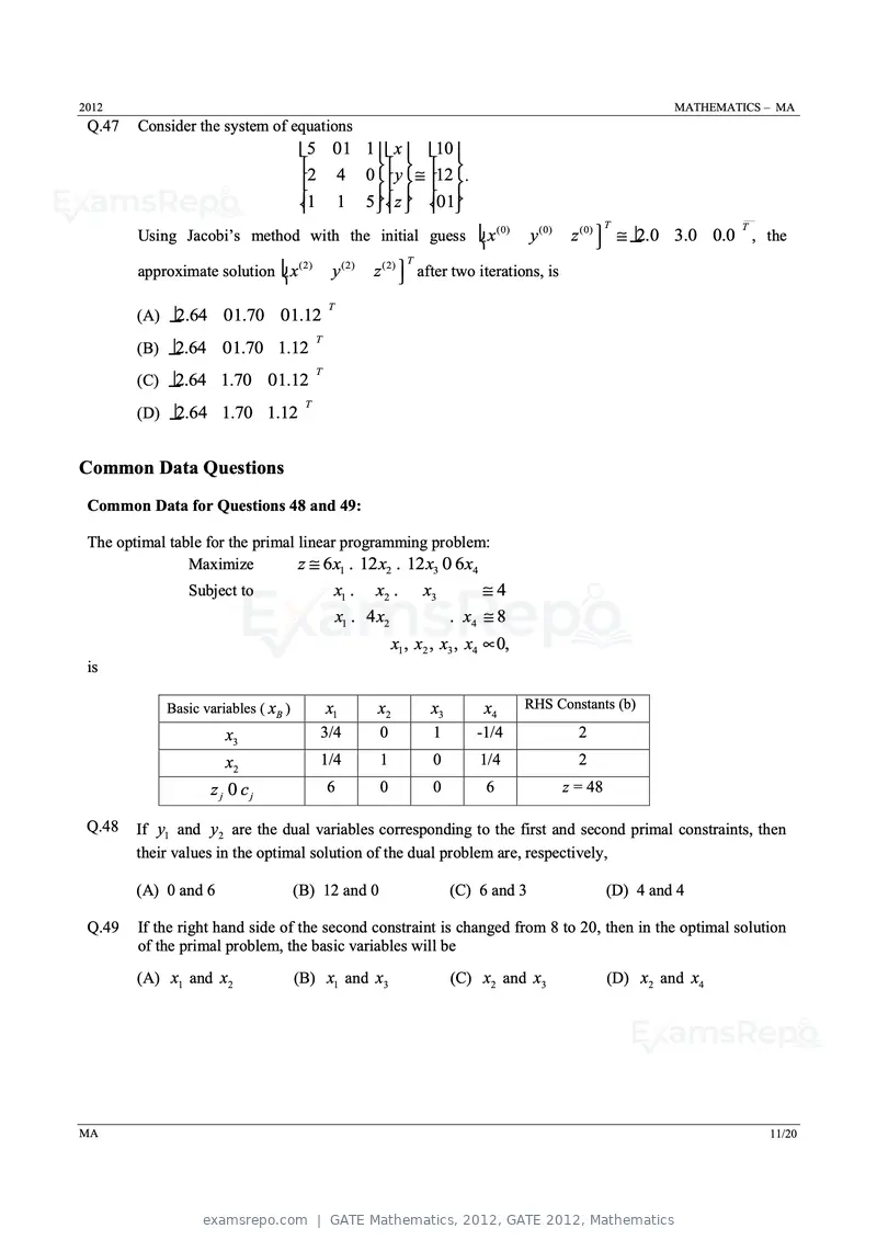GATE Mathematics 2012 question paper, GATE 2012, Mathematics, page 11 of 15