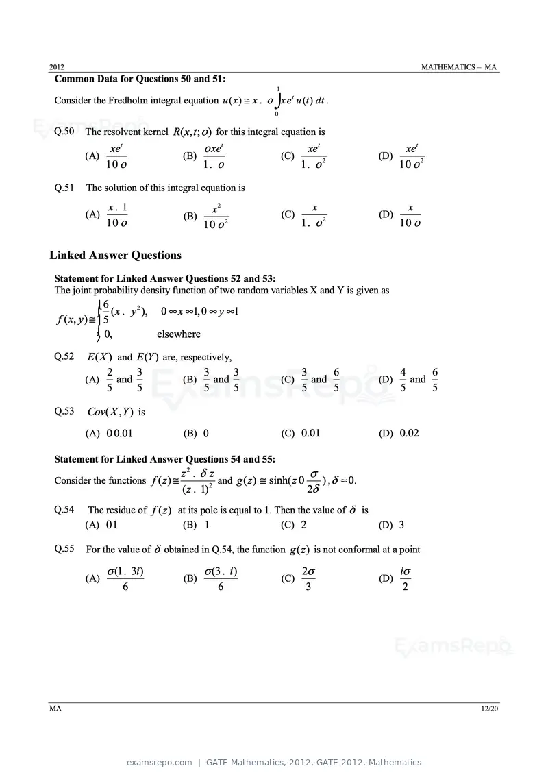 GATE Mathematics 2012 question paper, GATE 2012, Mathematics, page 12 of 15