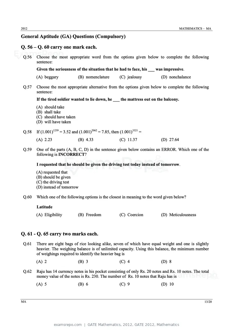 GATE Mathematics 2012 question paper, GATE 2012, Mathematics, page 13 of 15