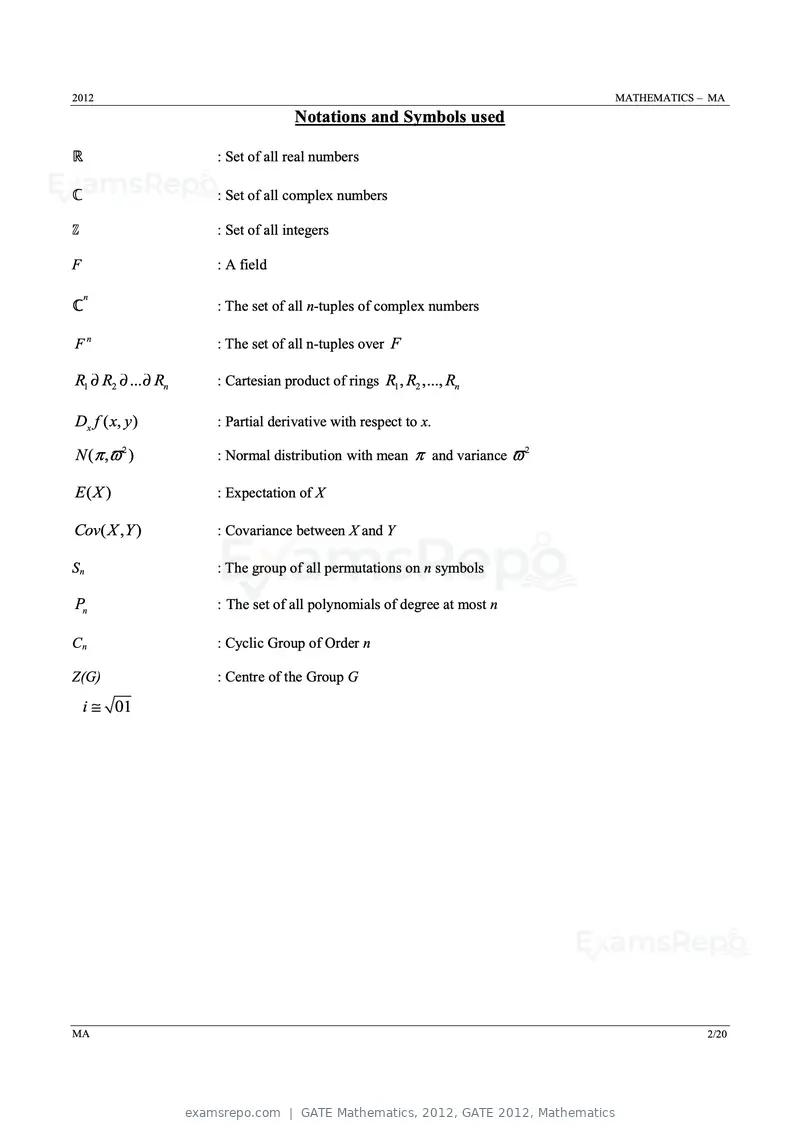 GATE Mathematics 2012 question paper, GATE 2012, Mathematics, page 2 of 15