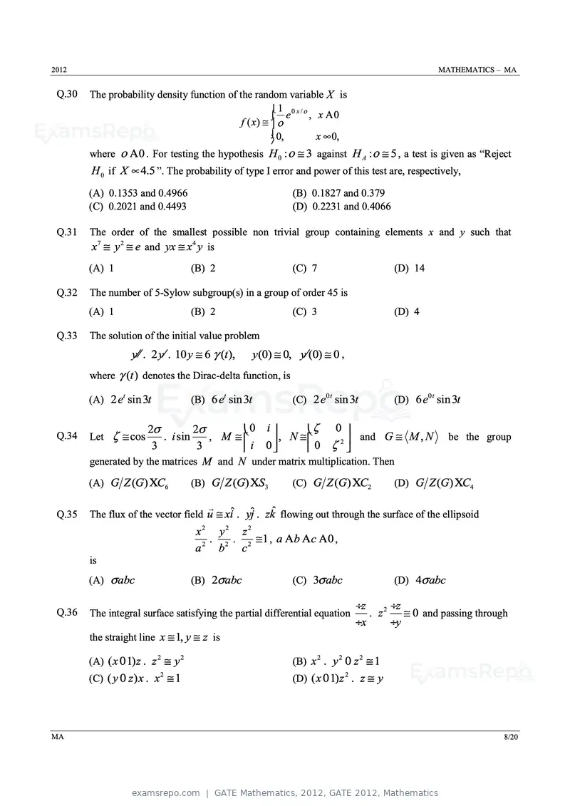 GATE Mathematics 2012 question paper, GATE 2012, Mathematics, page 8 of 15