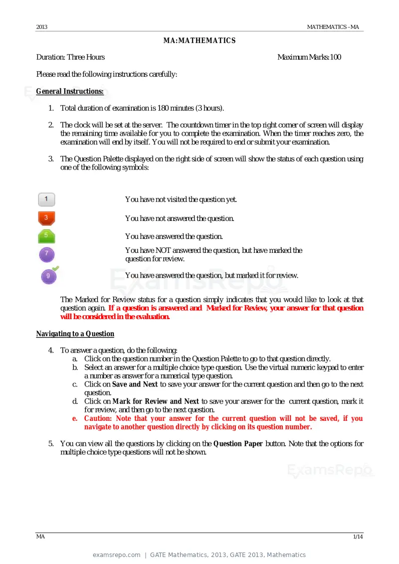 GATE Mathematics 2013 question paper, GATE 2013, Mathematics, page 1 of 14