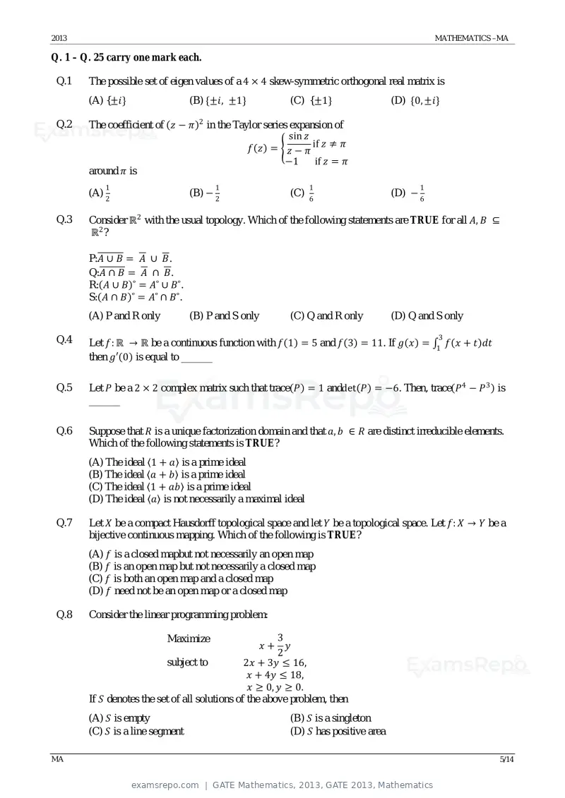 GATE Mathematics 2013 question paper, GATE 2013, Mathematics, page 5 of 14