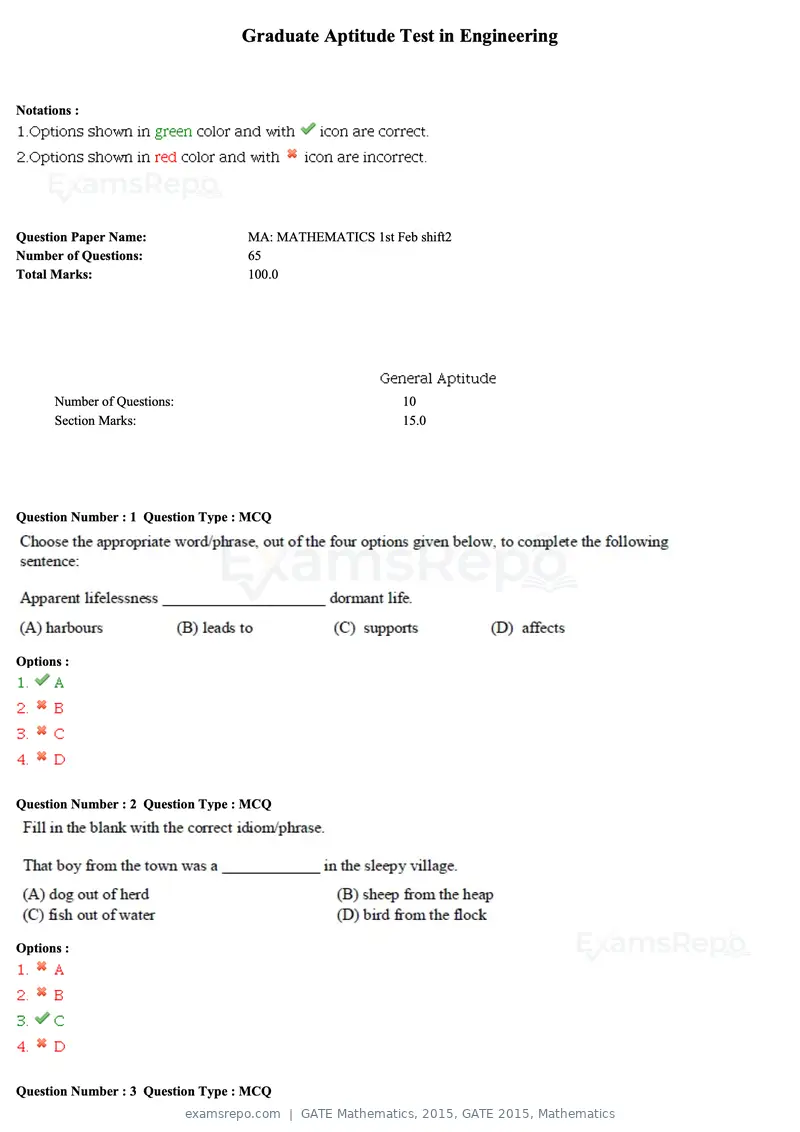 GATE Mathematics 2015 question paper, GATE 2015, Mathematics, page 1 of 19