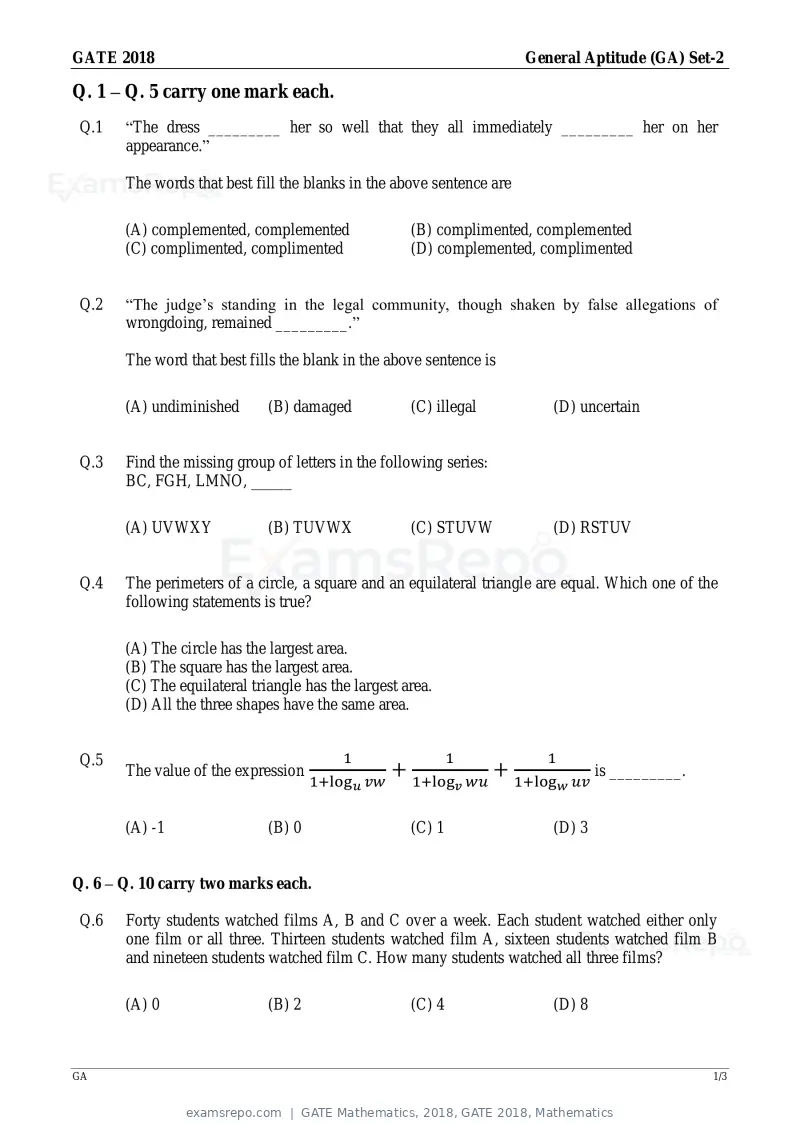 GATE Mathematics 2018 question paper, GATE 2018, Mathematics, page 1 of 16