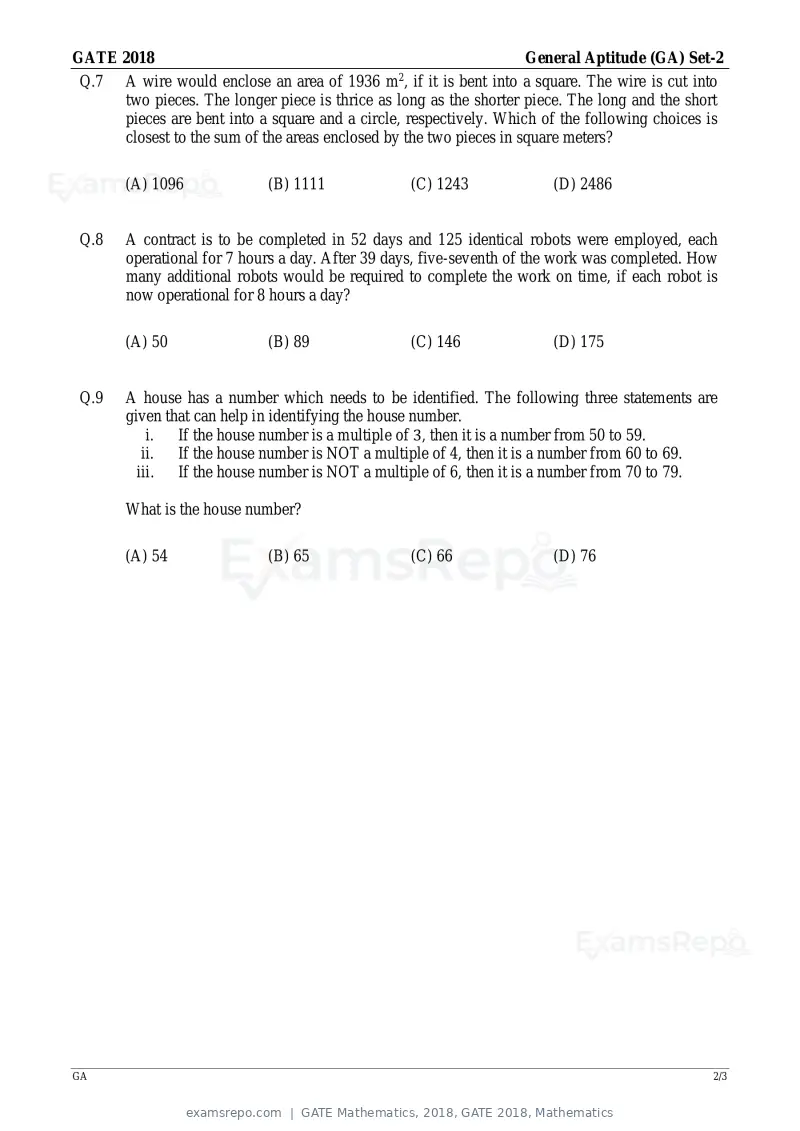 GATE Mathematics 2018 question paper, GATE 2018, Mathematics, page 2 of 16