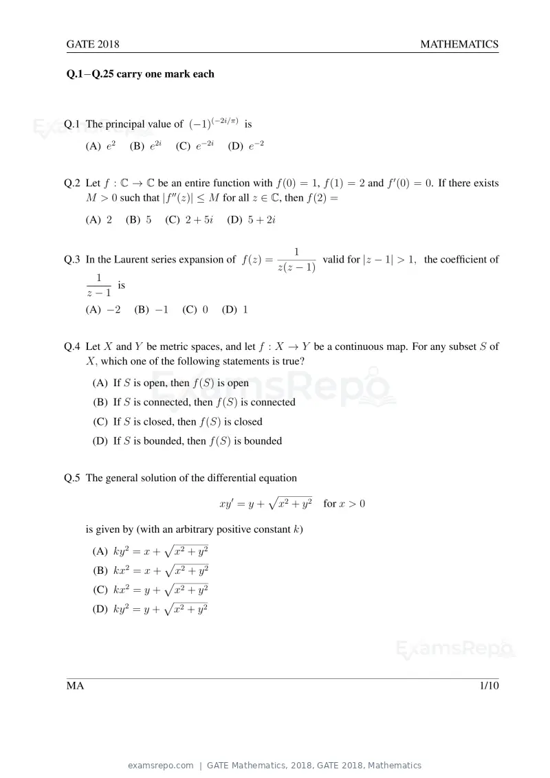 GATE Mathematics 2018 question paper, GATE 2018, Mathematics, page 4 of 16