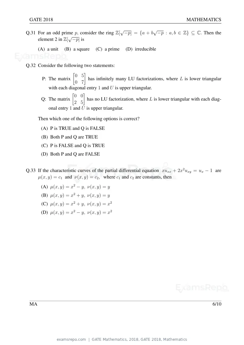 GATE Mathematics 2018 question paper, GATE 2018, Mathematics, page 9 of 16