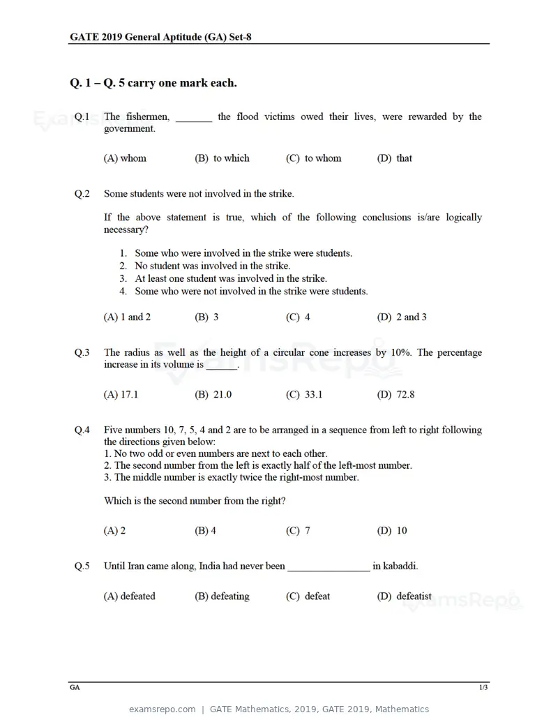 GATE Mathematics 2019 question paper, GATE 2019, Mathematics, page 1 of 23