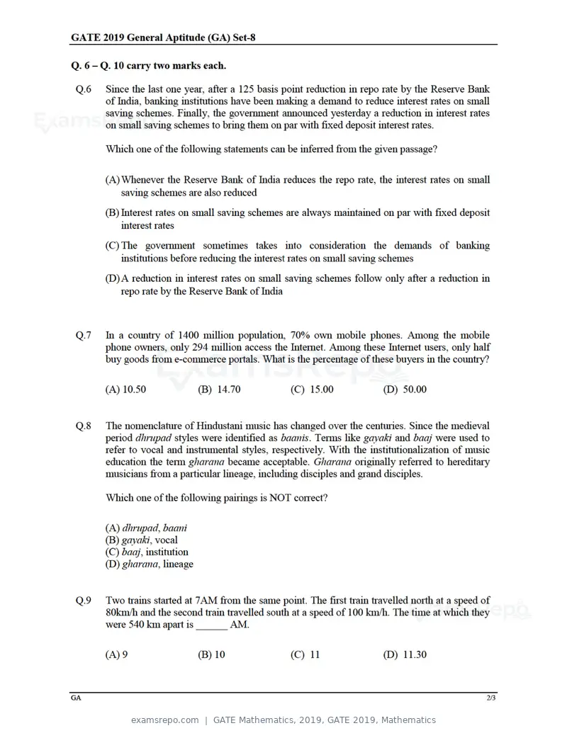 GATE Mathematics 2019 question paper, GATE 2019, Mathematics, page 2 of 23