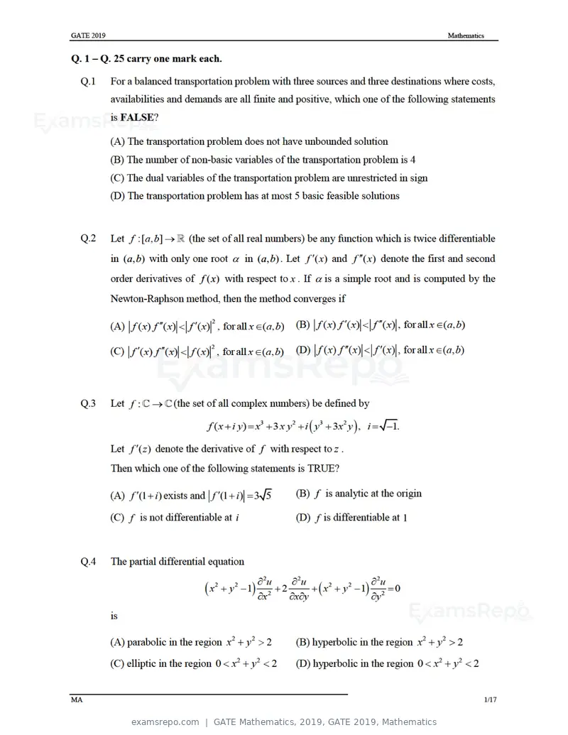 GATE Mathematics 2019 question paper, GATE 2019, Mathematics, page 4 of 23