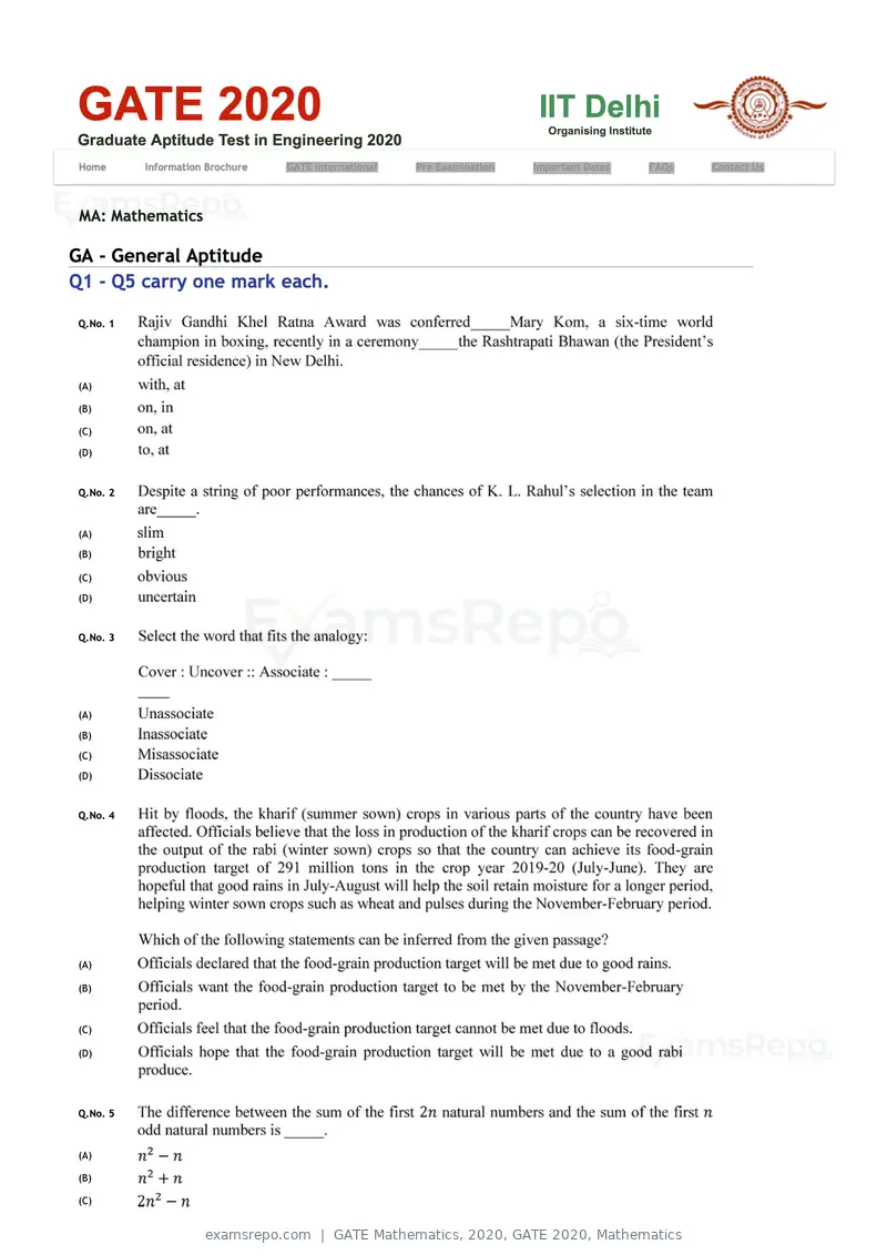 GATE Mathematics 2020 question paper, GATE 2020, Mathematics, page 1 of 17