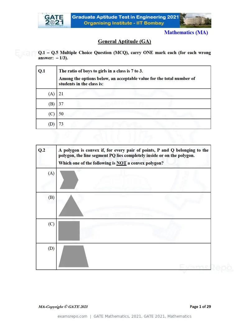 GATE Mathematics 2021 question paper, GATE 2021, Mathematics, page 1 of 32