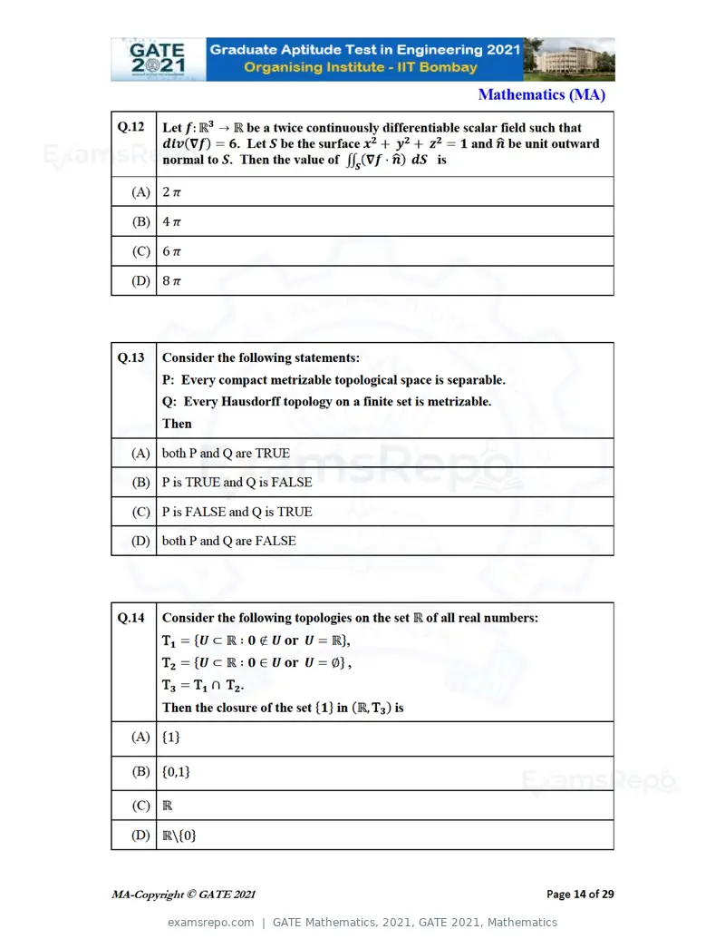 GATE Mathematics 2021 question paper, GATE 2021, Mathematics, page 14 of 32