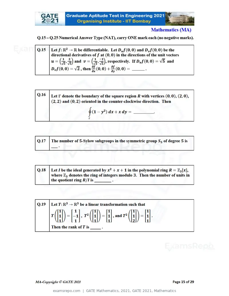 GATE Mathematics 2021 question paper, GATE 2021, Mathematics, page 15 of 32