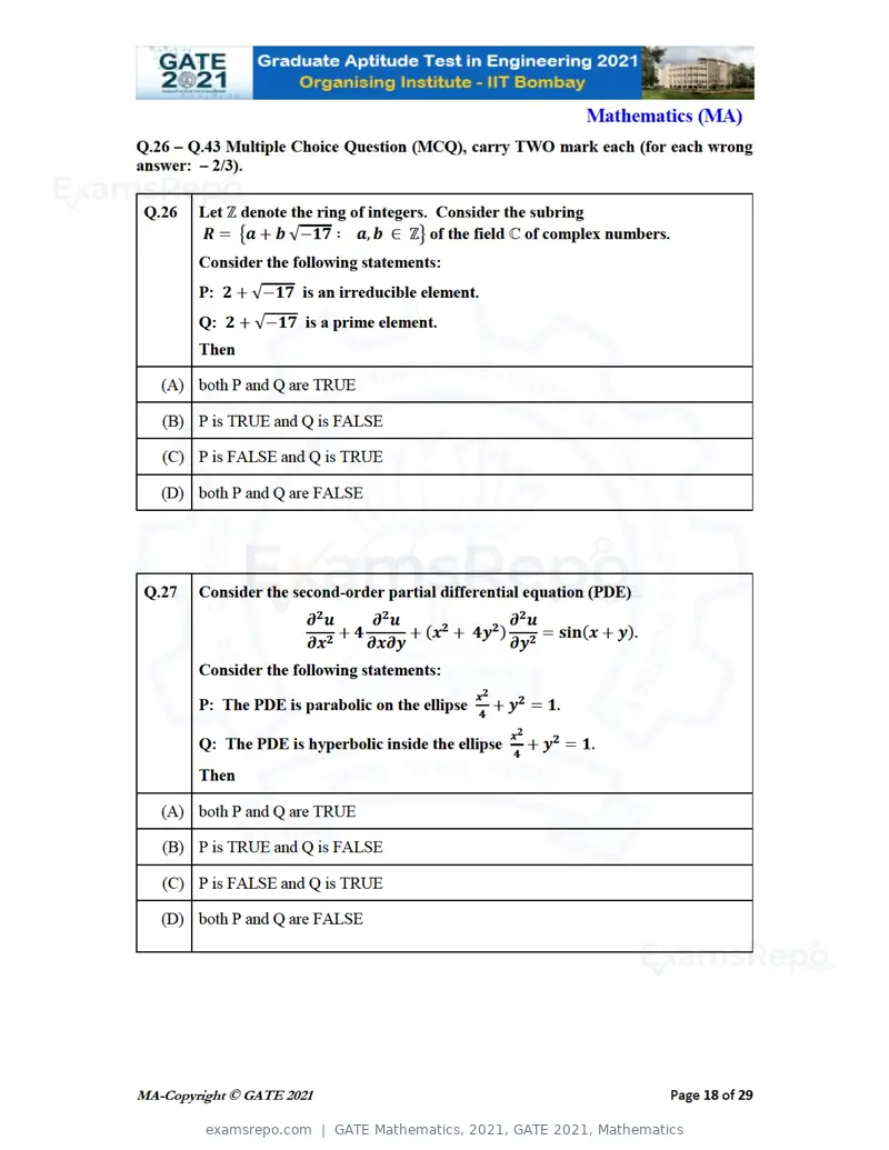 GATE Mathematics 2021 question paper, GATE 2021, Mathematics, page 18 of 32