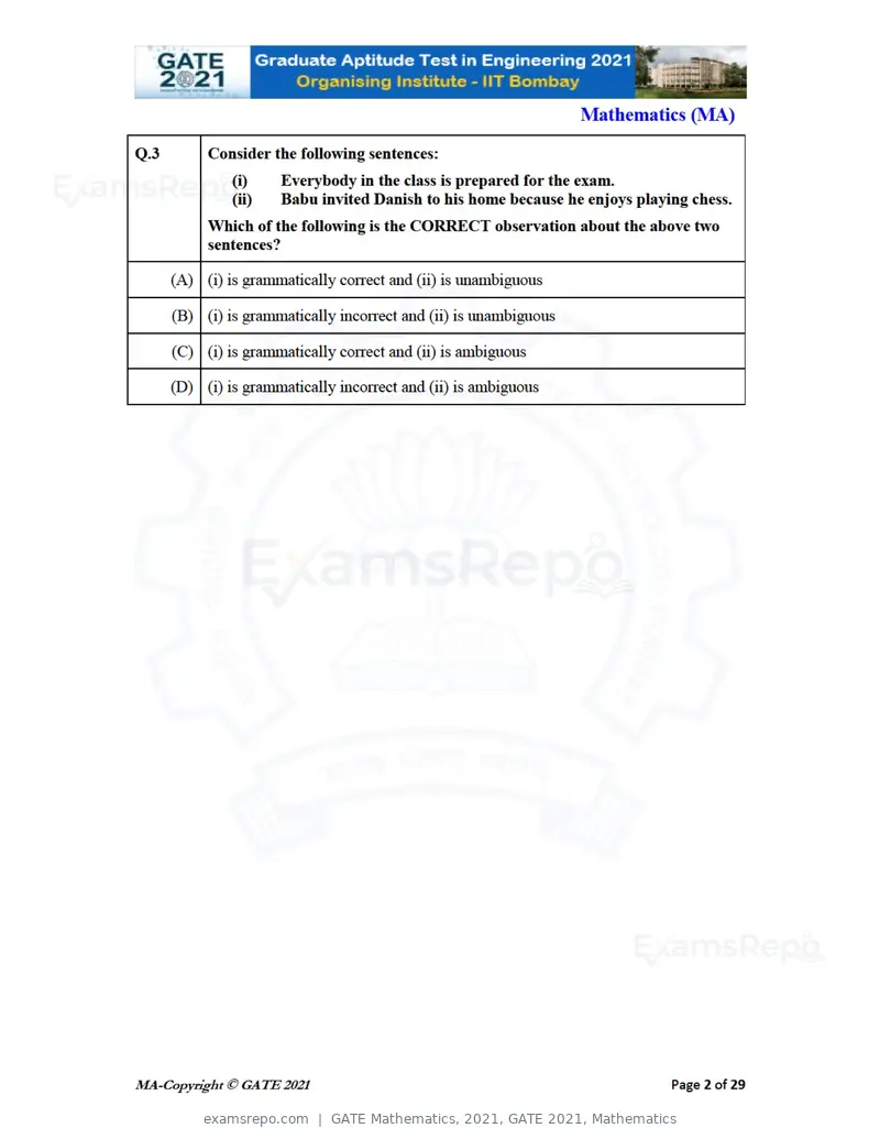 GATE Mathematics 2021 question paper, GATE 2021, Mathematics, page 2 of 32