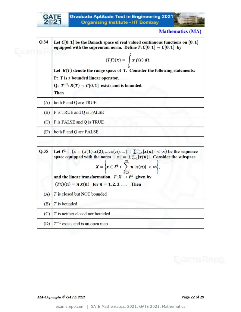 GATE Mathematics 2021 question paper, GATE 2021, Mathematics, page 22 of 32