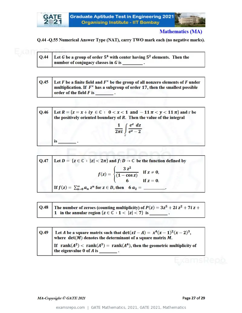 GATE Mathematics 2021 question paper, GATE 2021, Mathematics, page 27 of 32