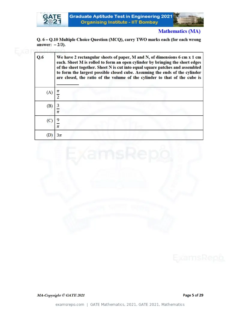 GATE Mathematics 2021 question paper, GATE 2021, Mathematics, page 5 of 32