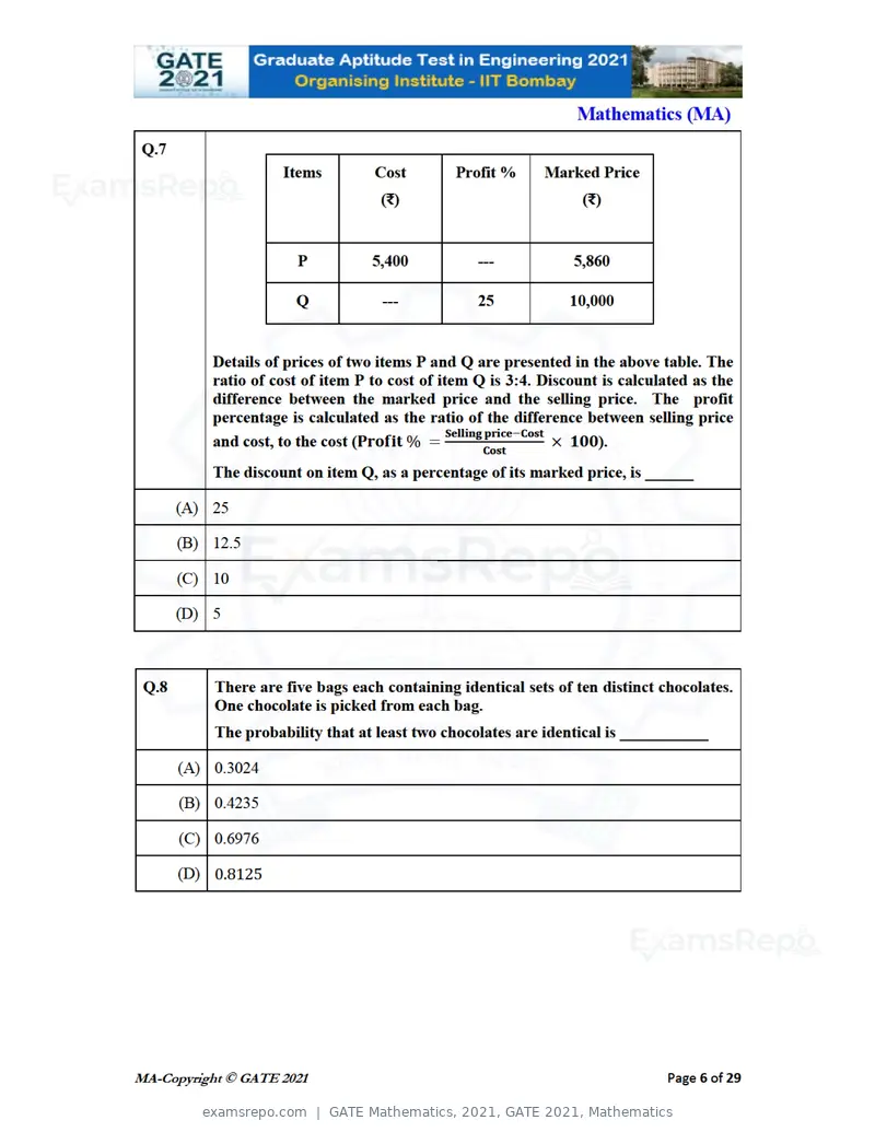 GATE Mathematics 2021 question paper, GATE 2021, Mathematics, page 6 of 32
