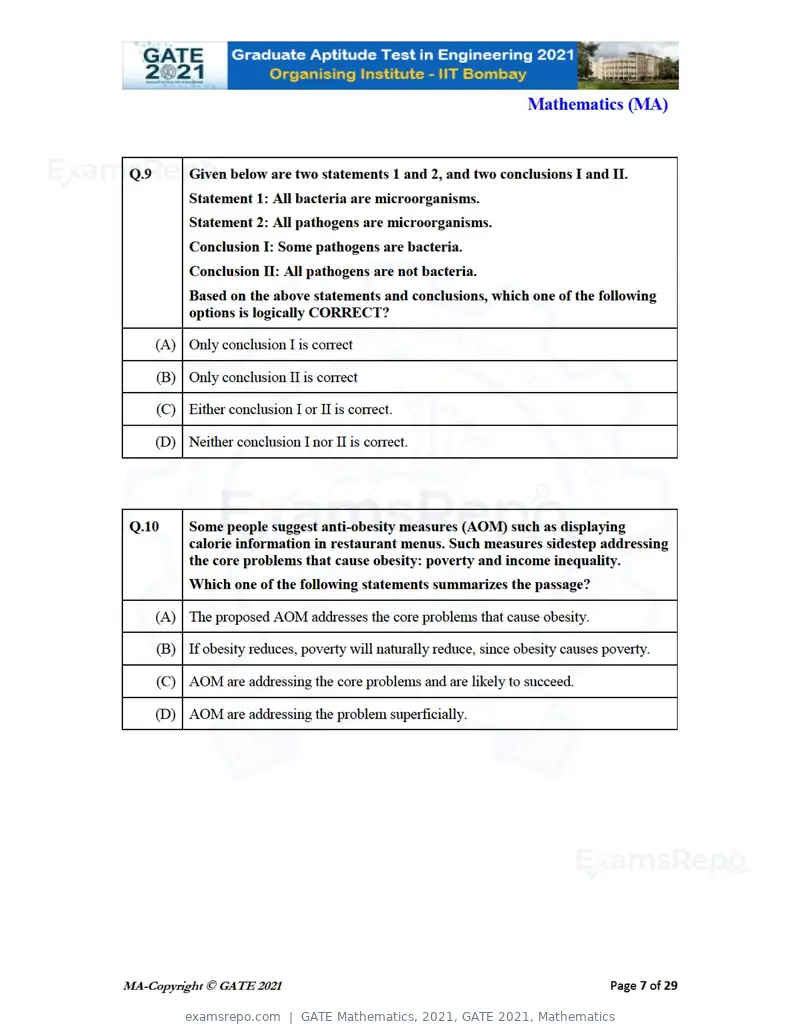 GATE Mathematics 2021 question paper, GATE 2021, Mathematics, page 7 of 32