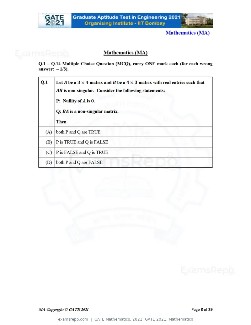 GATE Mathematics 2021 question paper, GATE 2021, Mathematics, page 8 of 32