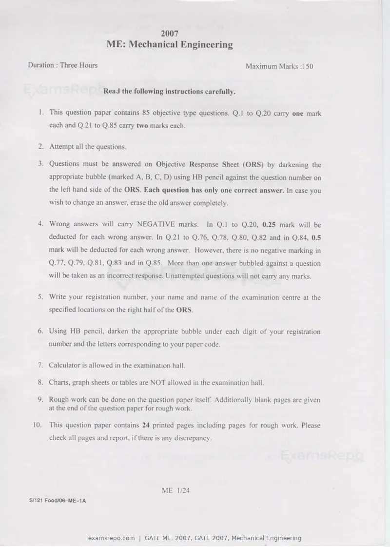 GATE ME 2007 question paper, GATE 2007, Mechanical Engineering, page 1 of 19
