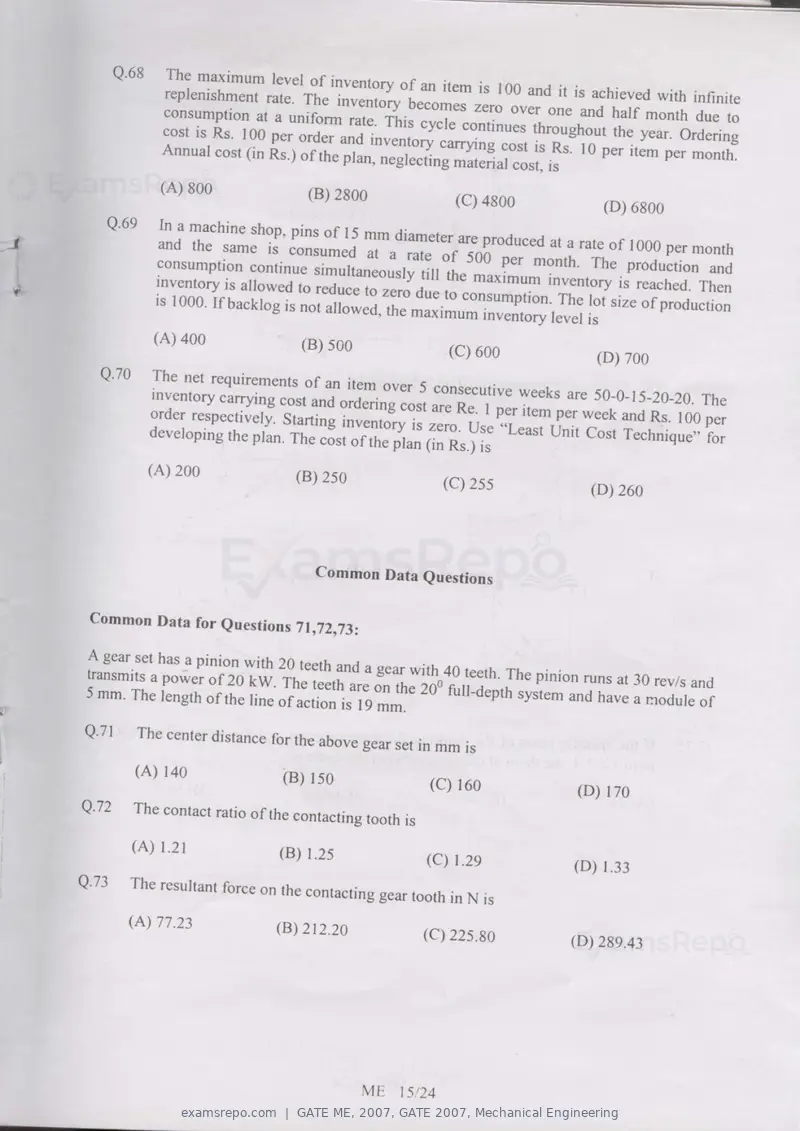 GATE ME 2007 question paper, GATE 2007, Mechanical Engineering, page 15 of 19